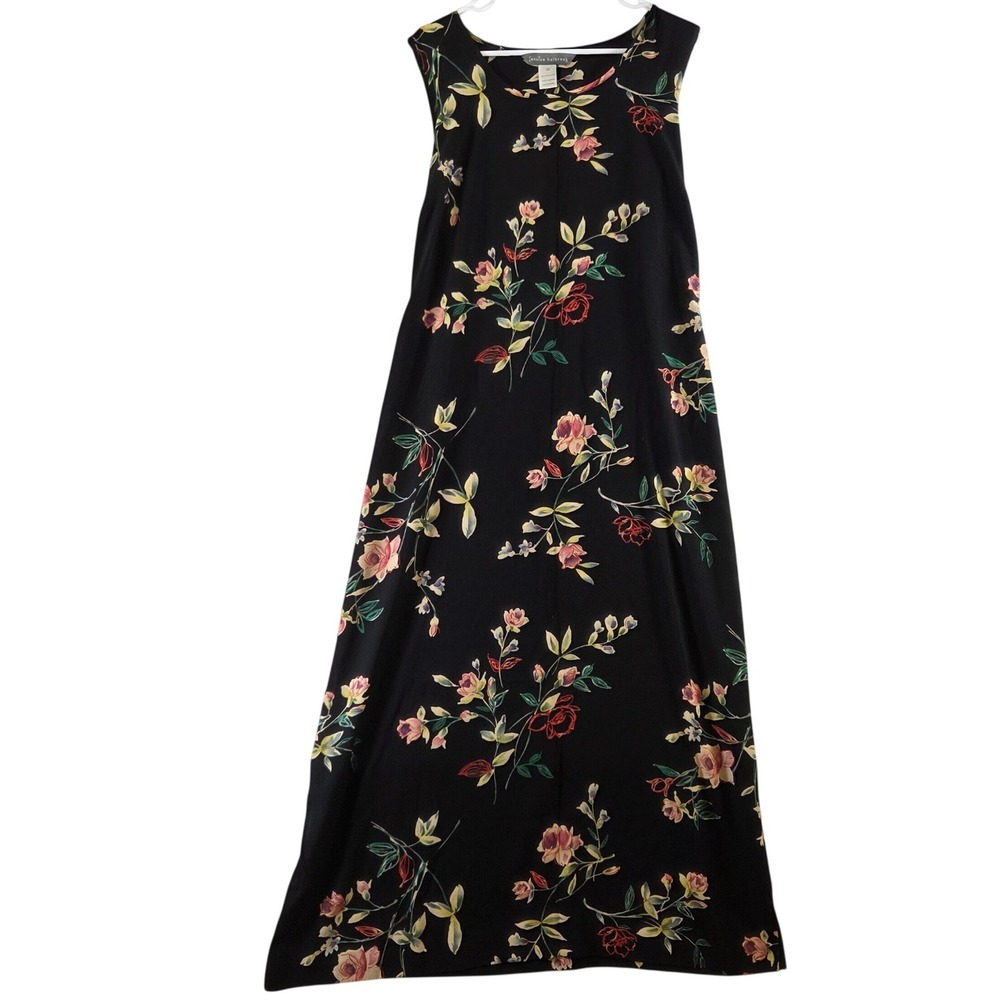 Vintage Jessica Holbrook 2X Black Floral Sleeveless Maxi Dress Tie Back 90s Y2K